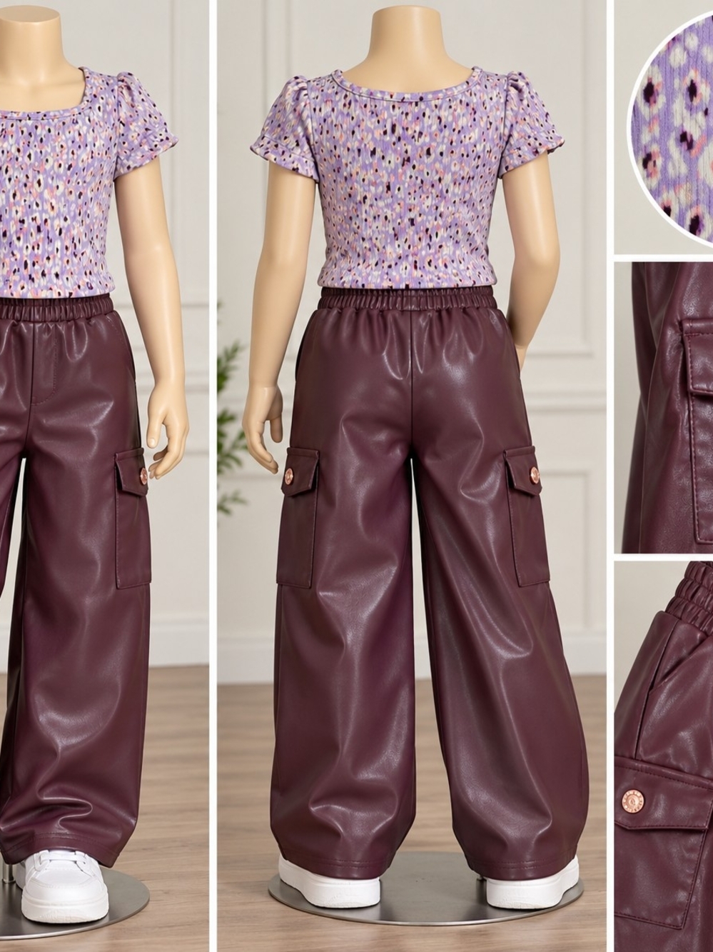Vince Camuto Girls' Plum Faux Leather Cargo Pants with Button Accents